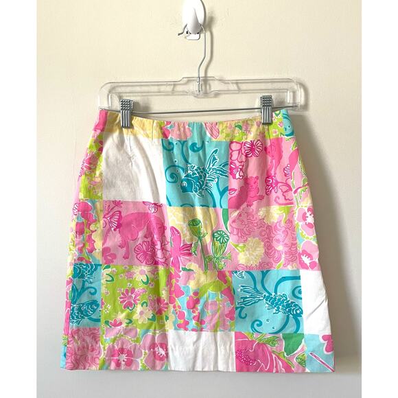 Lilly Pulitzer Vintage Patchwork Floral Animal Mini Skirt Pink Blue Size 2 - Picture 1 of 7